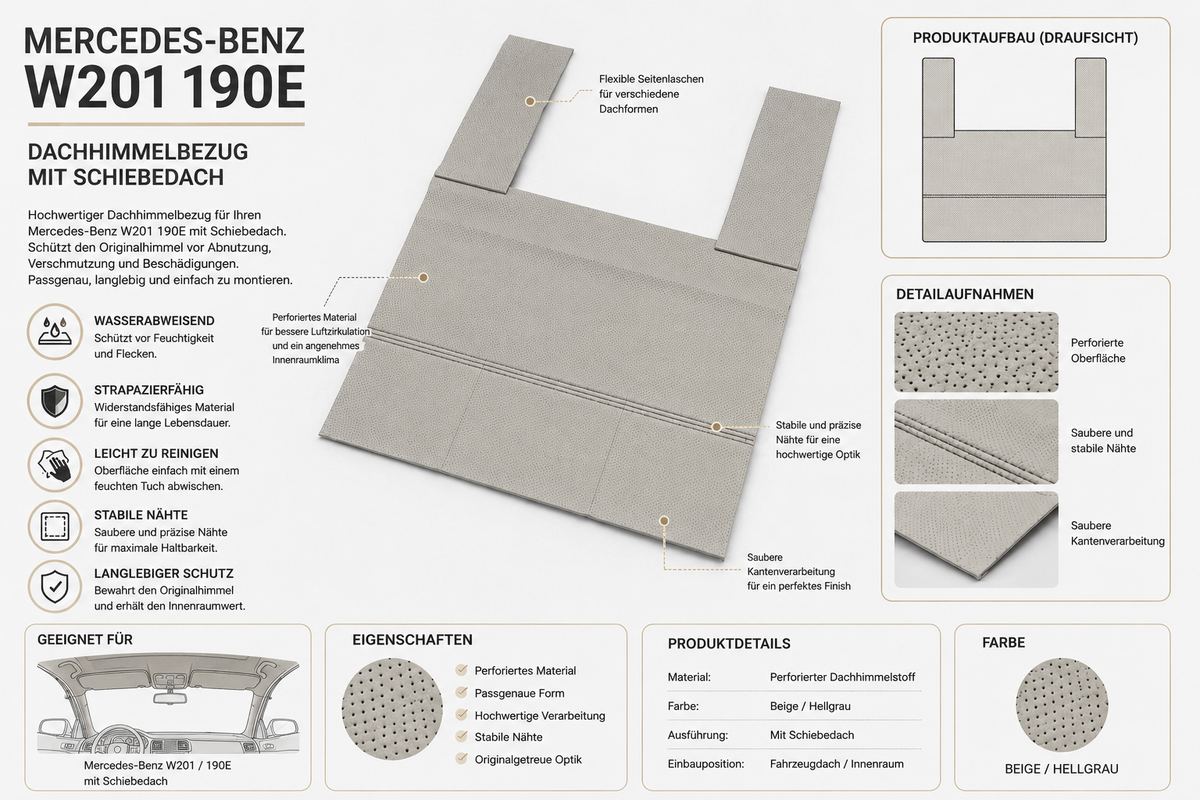 Headliner for Mercedes Benz W201 190e 1982-1993 Sunroof Beige Roof Liner