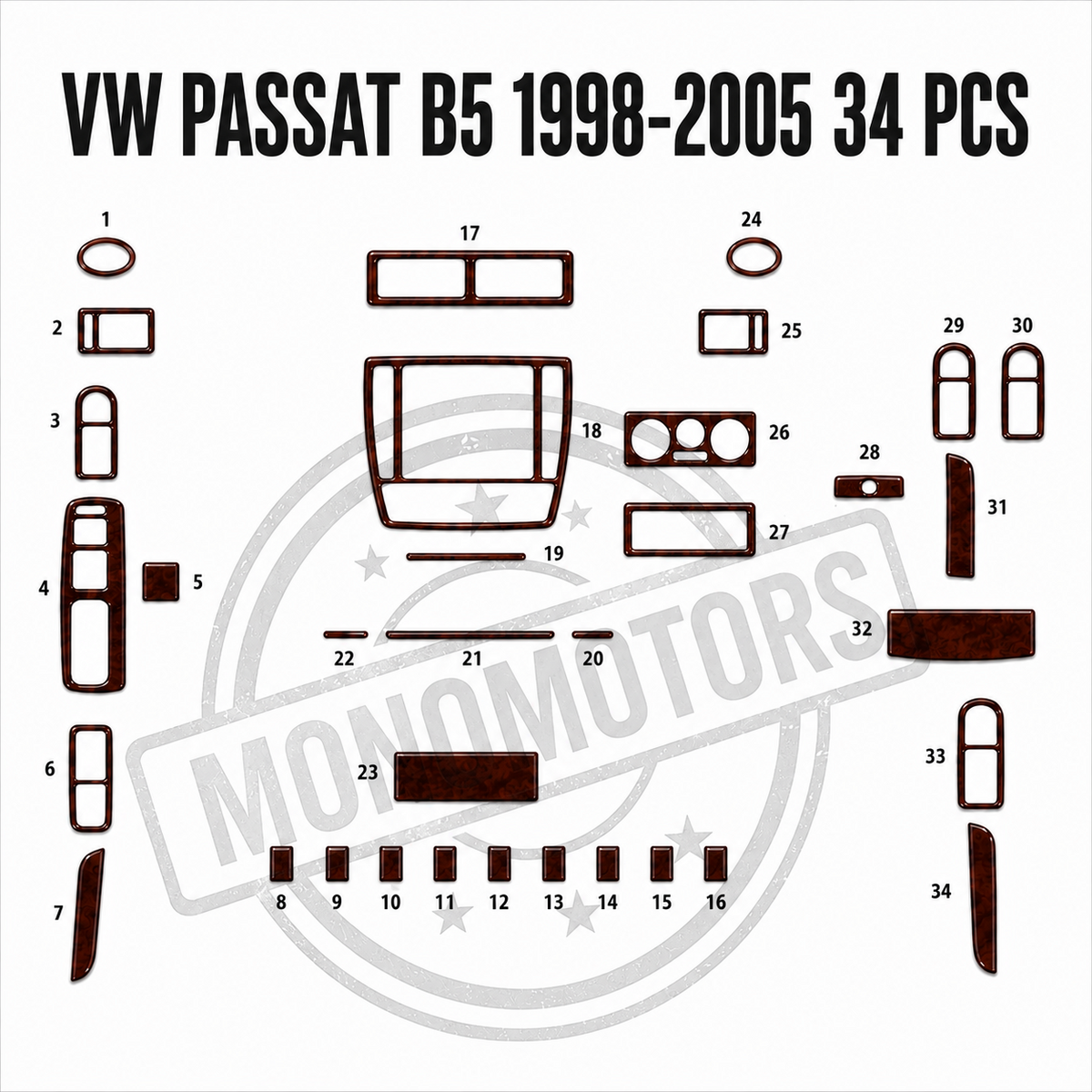 Wood Look Dash Trim Kit for Volkswagen Passat B5 34pcs 1998-2005