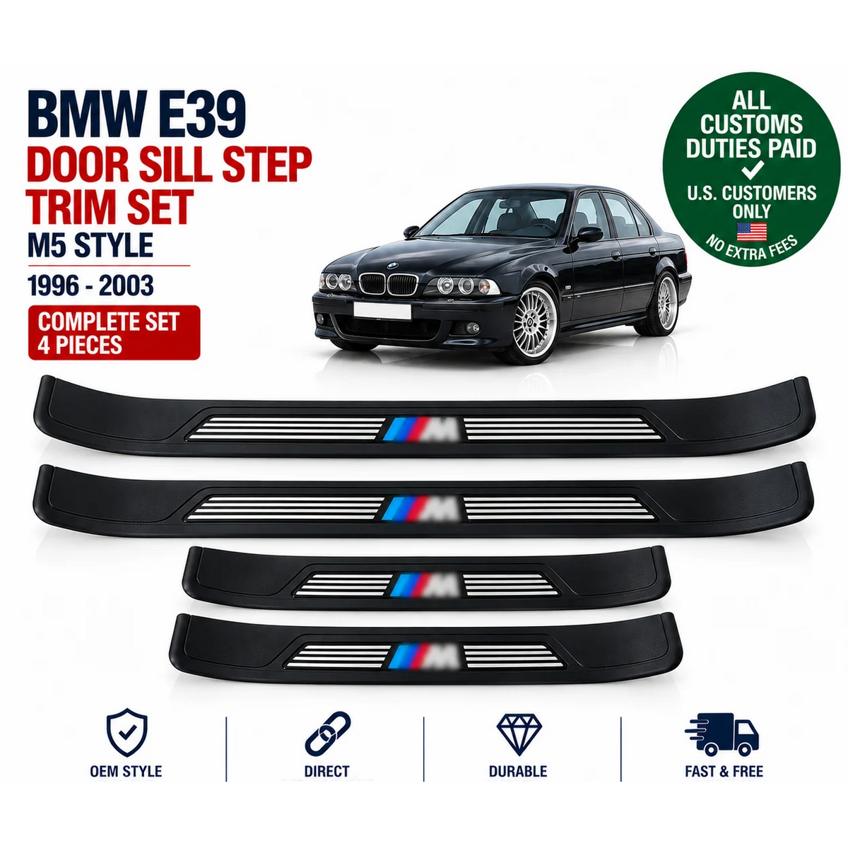 Door Sill Step Trim Set for BMW E39 5 Series Sport Style 1996-2003 4 Pieces