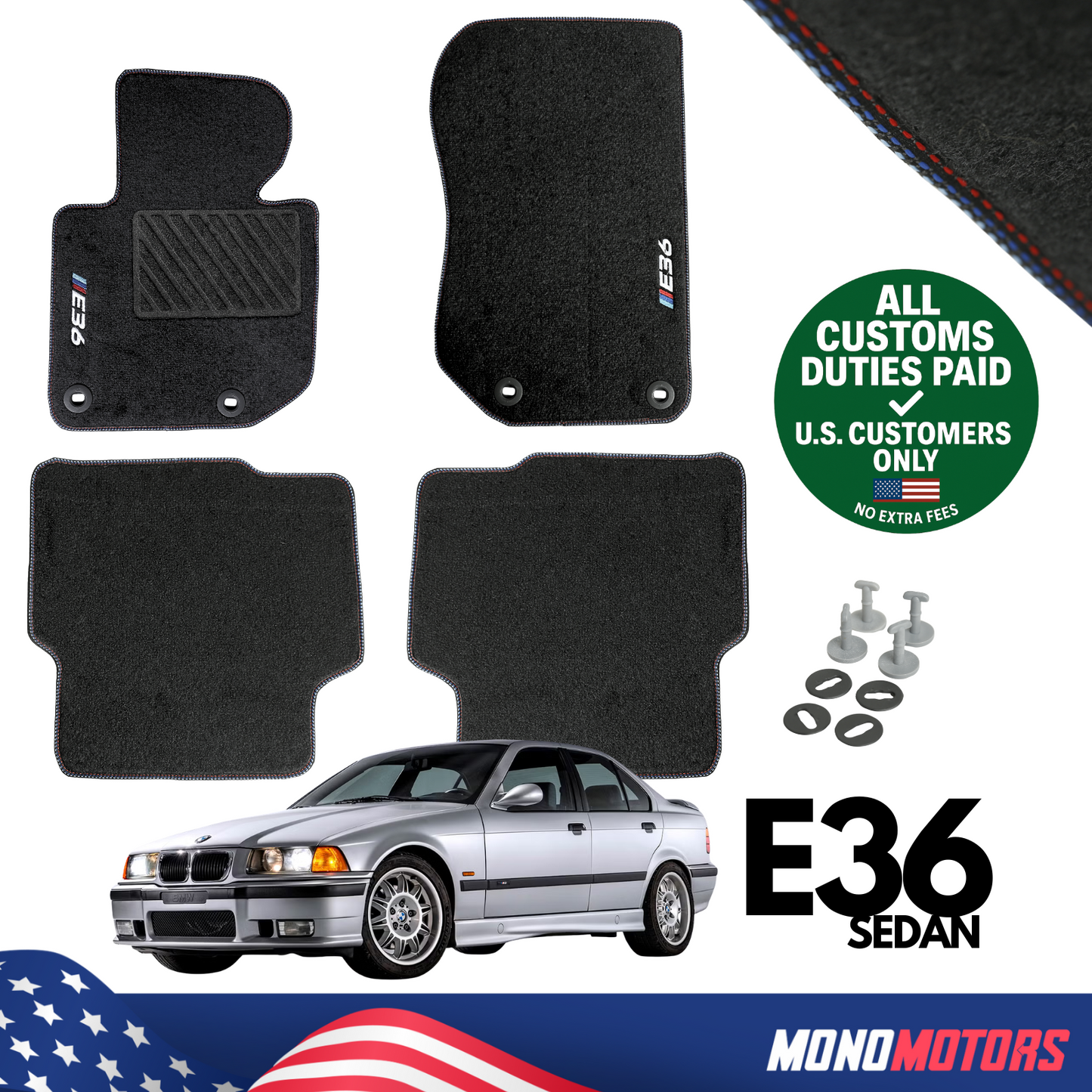 Carpet Floor Mats for BMW E36 Sedan M Sport Colors 4pcs with Clips
