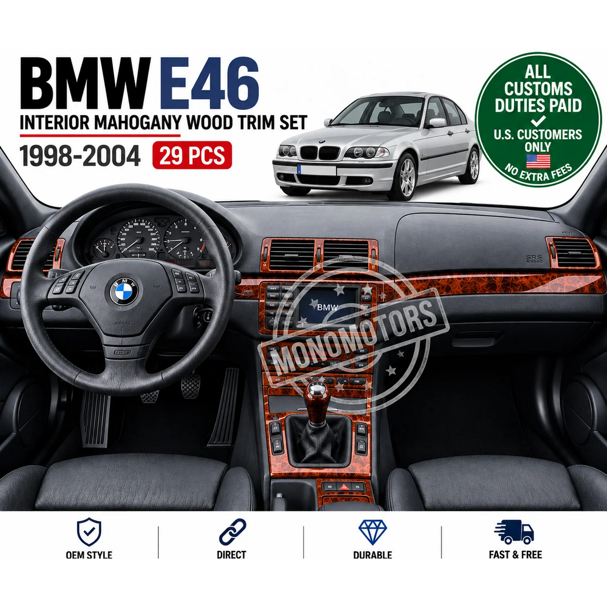 Mahogany Wood Look Dash Trim Kit for BMW E46 1998-2004 29 Pcs