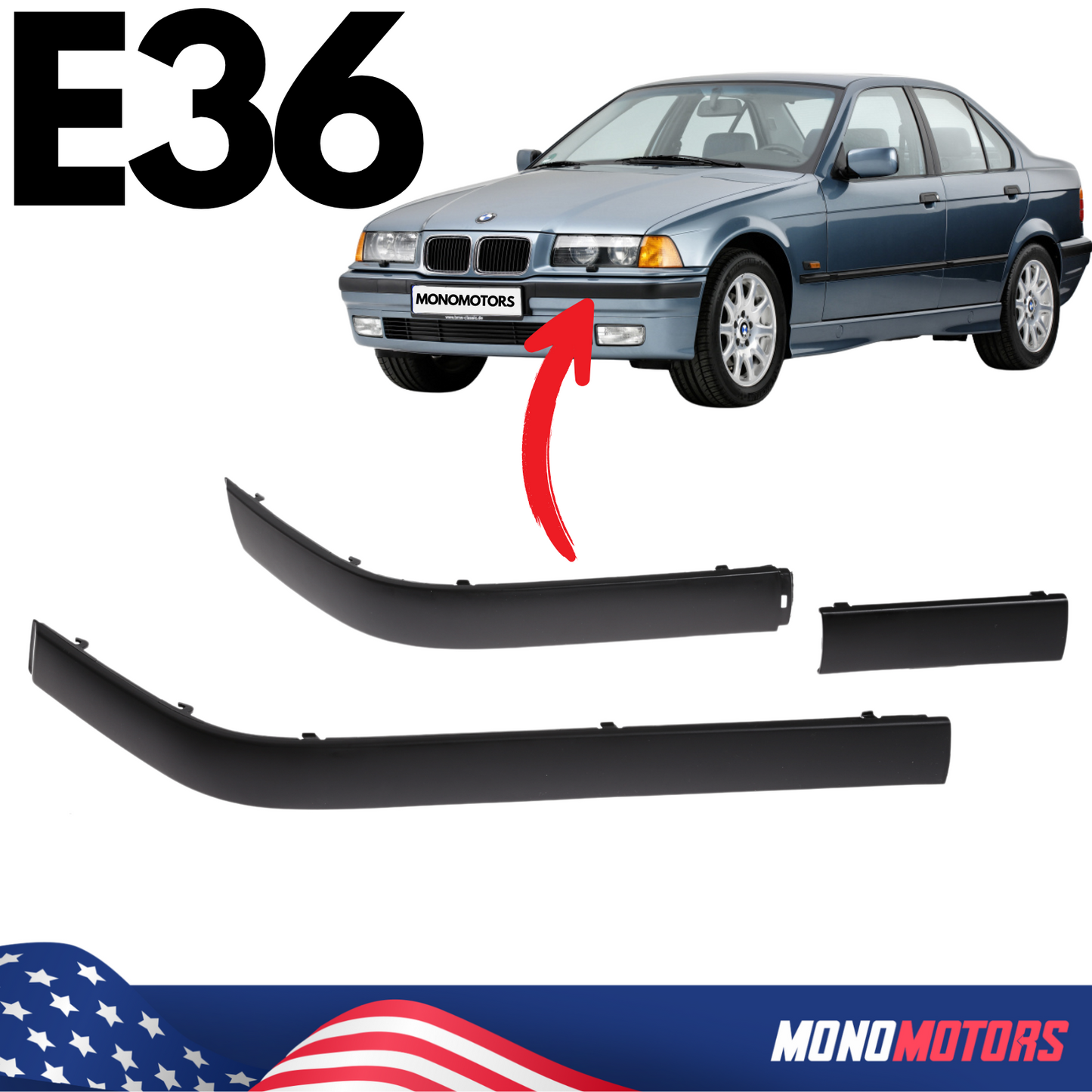 Bumper Strips for BMW E36 1990-1994 Left + Right + Hook Bumper Moulding Trims