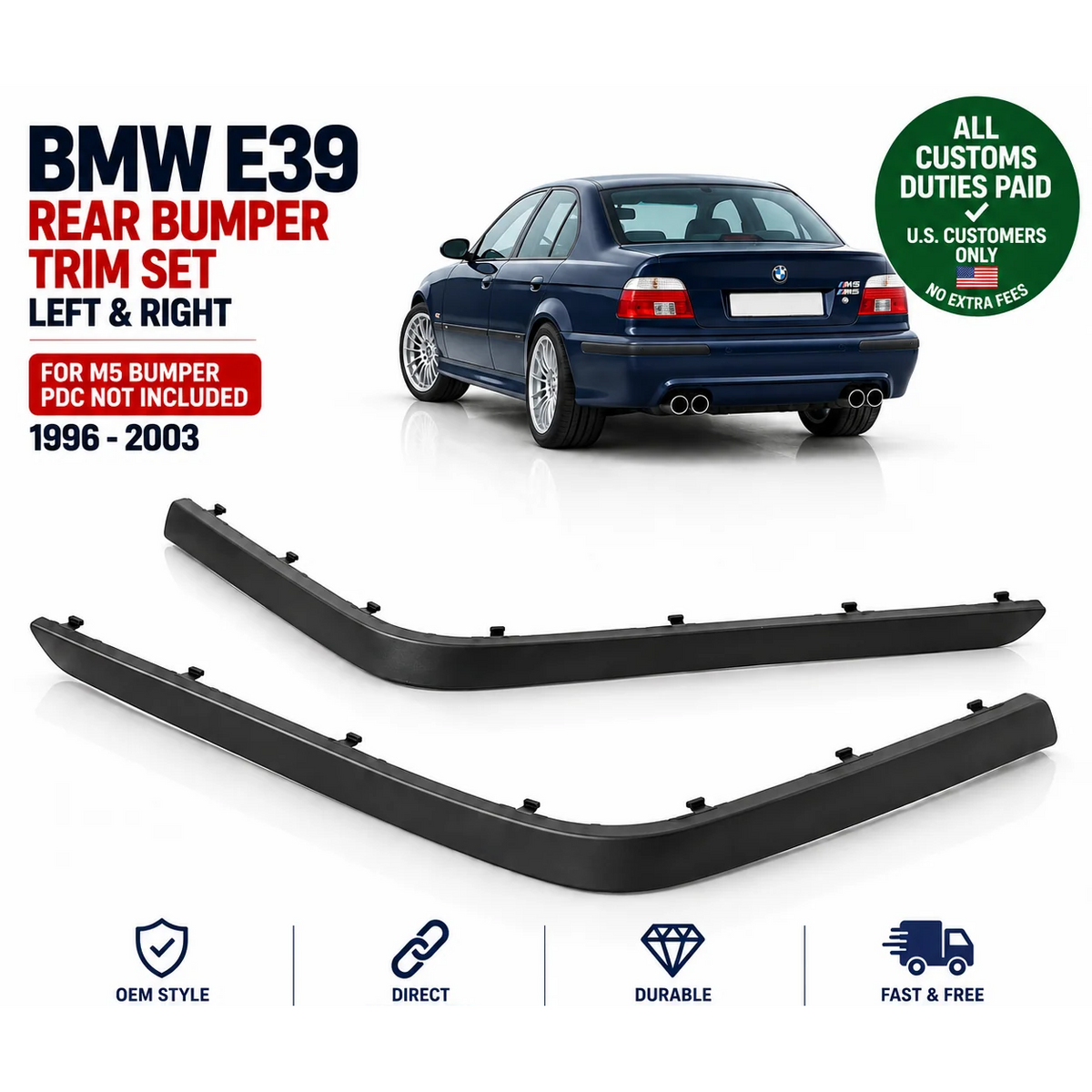 Rear Bumper Trim Set for BMW E39 M5 Bumper PDC Less 1996-2003 Left & Right