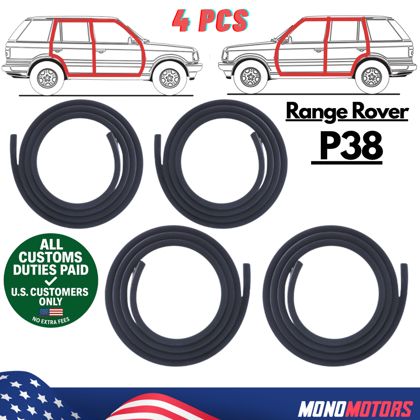 Velvet Door Seal Set for Range Rover P38 1994-2002 4pcs Rubber