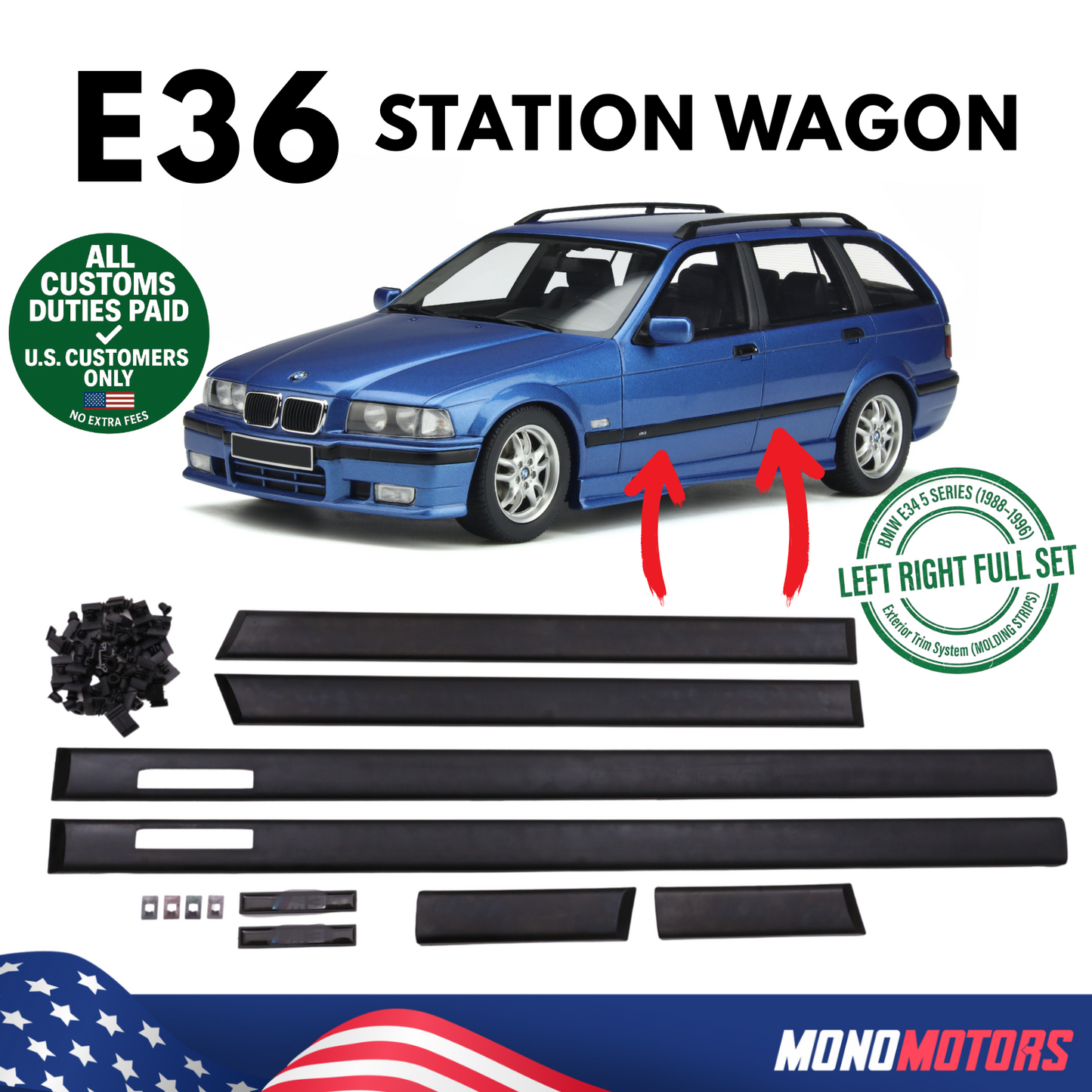 Body Side Moulding Trims for BMW E36 Touring 1995-1999 M Style Set 6pcs Clips