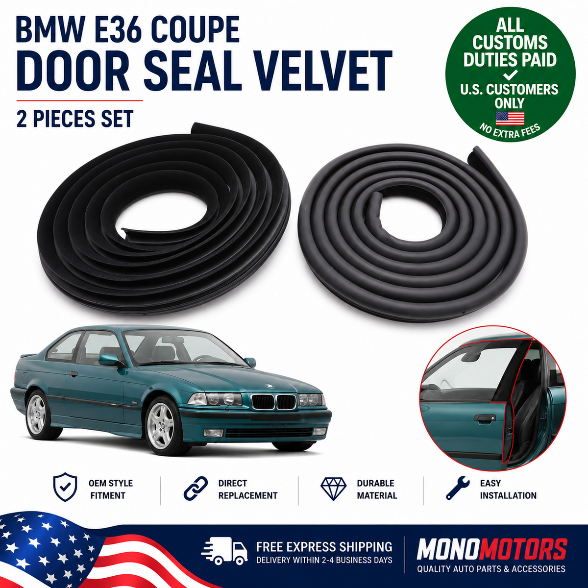 Velvet Door Weatherstrip Seal Set for BMW E36 Coupe Left Right