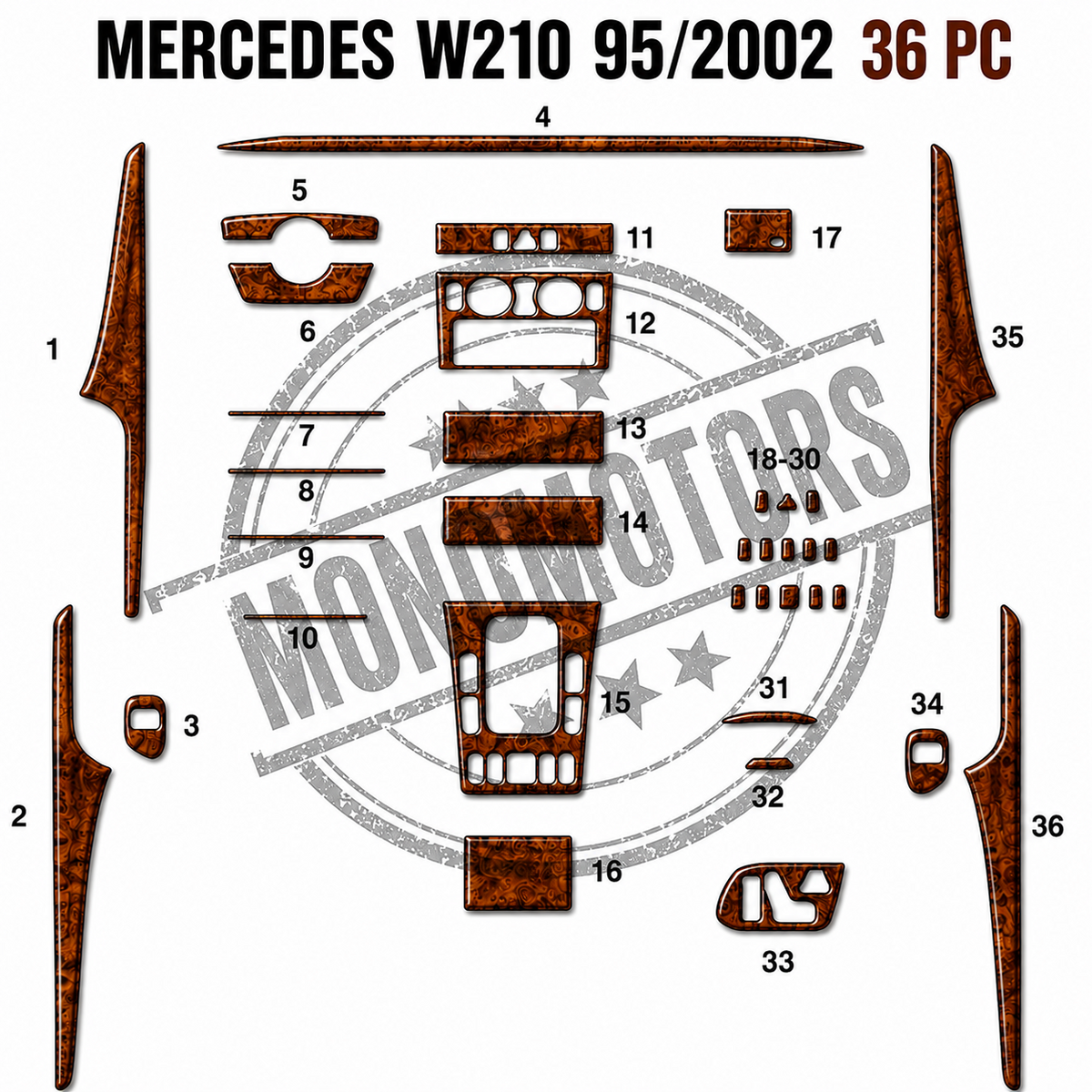 Wood Look Dash Trim Kit for Mercedes Benz W210 E Class 36pc 1995-2002