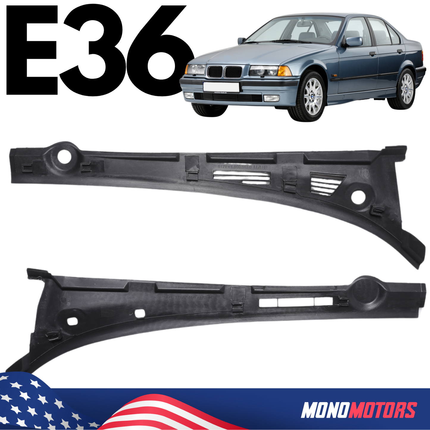 Windshield Cowl Covers for BMW E36 (1992-1999) Left + Right Grille Panel Wiper