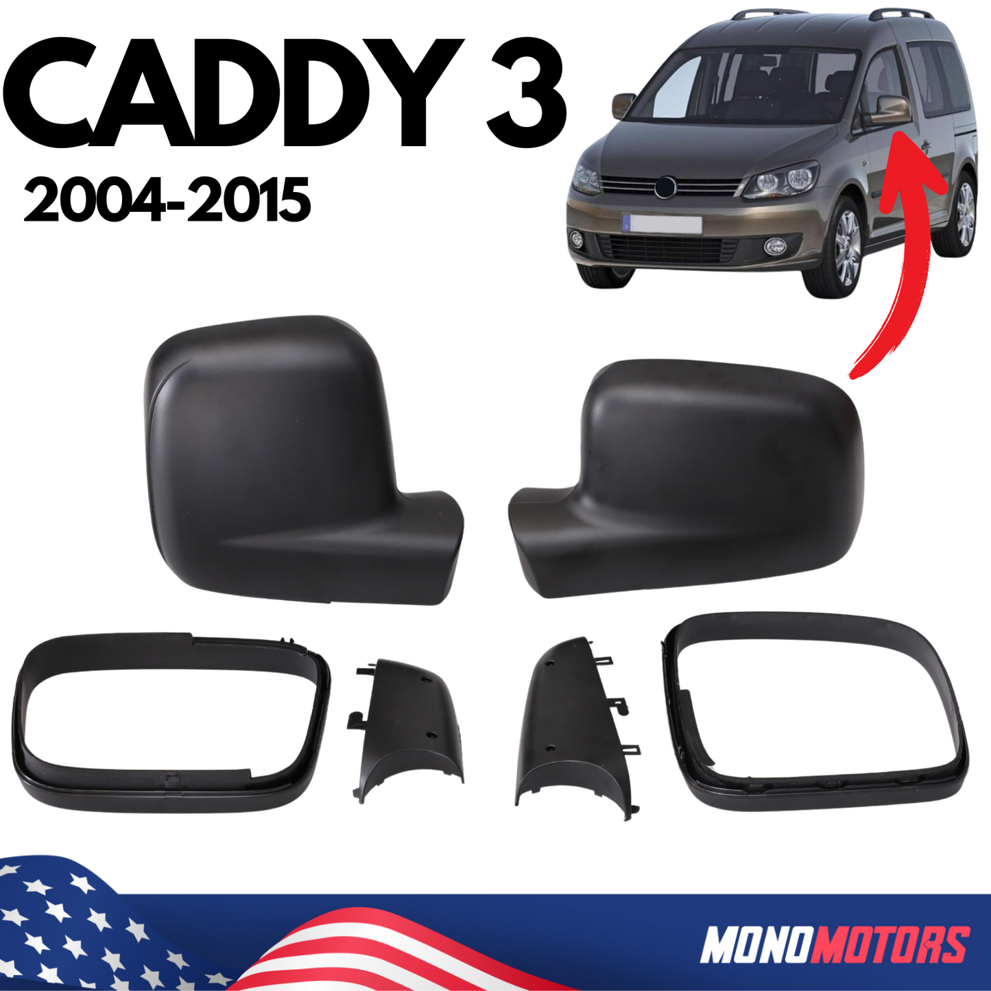 Pair Side Mirror Covers Cap for VW Transporter 5 / Caddy 2005-2010 (Set 6pcs)