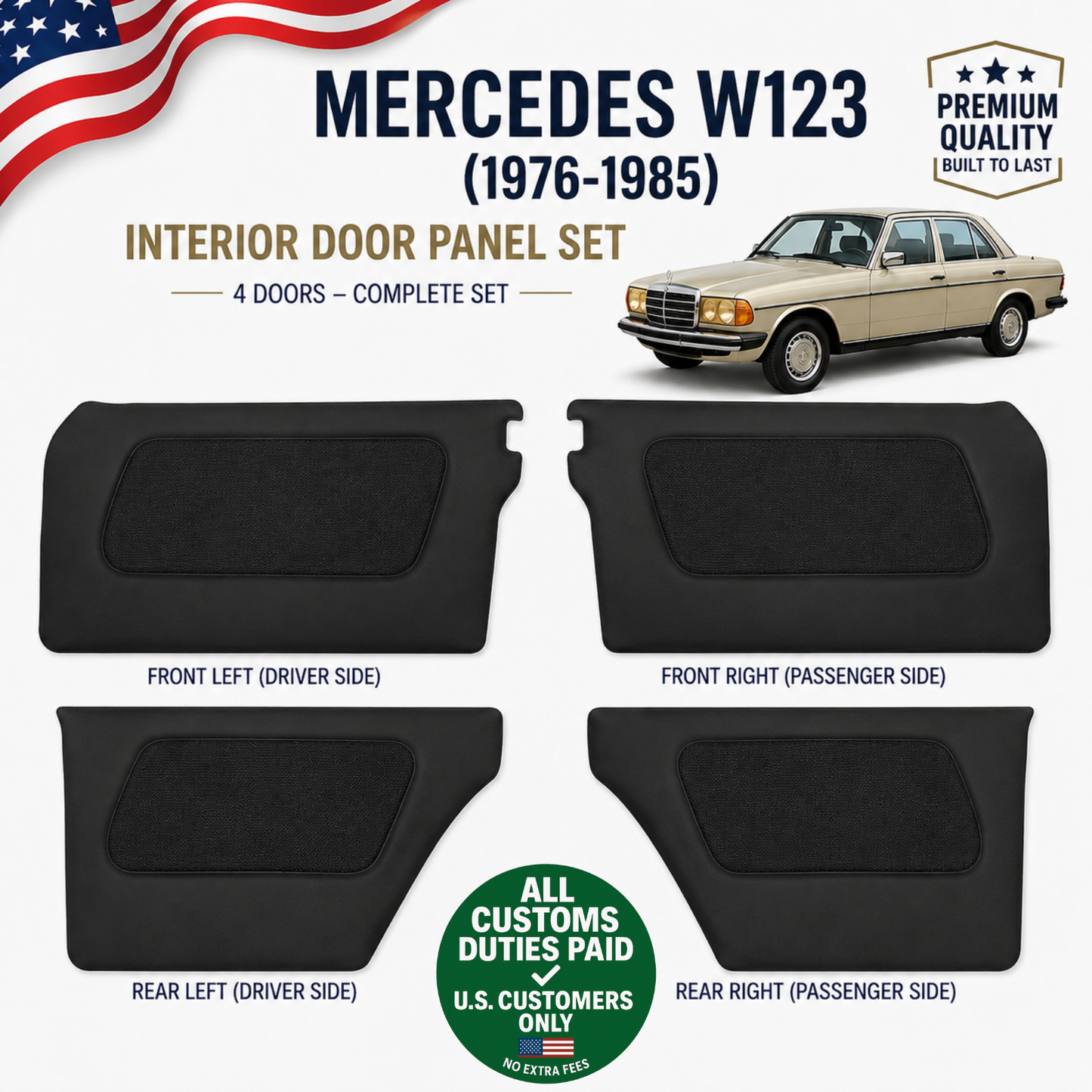 Door Panel Set for Mercedes W123 1976-1985 Black Interior Trim 4pcs