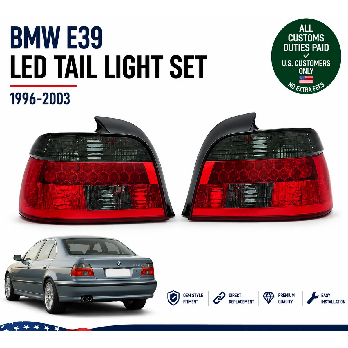 LED Tail Light Set for BMW E39 5 Series 1996-2003 Dark Smoked Left Right