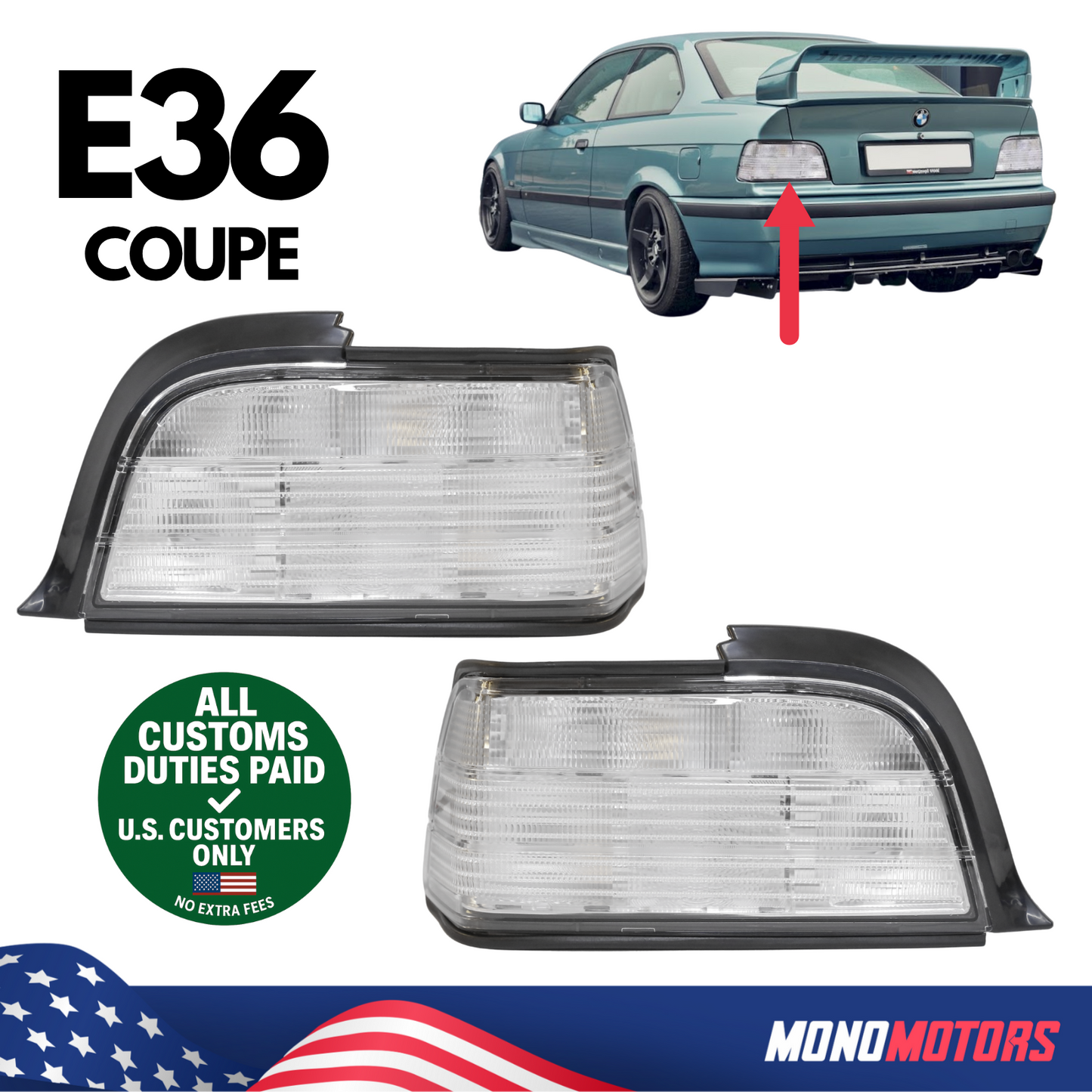 Rear Tail Light Set Clear White for BMW E36 Coupe 1992–1999 82199403097/98