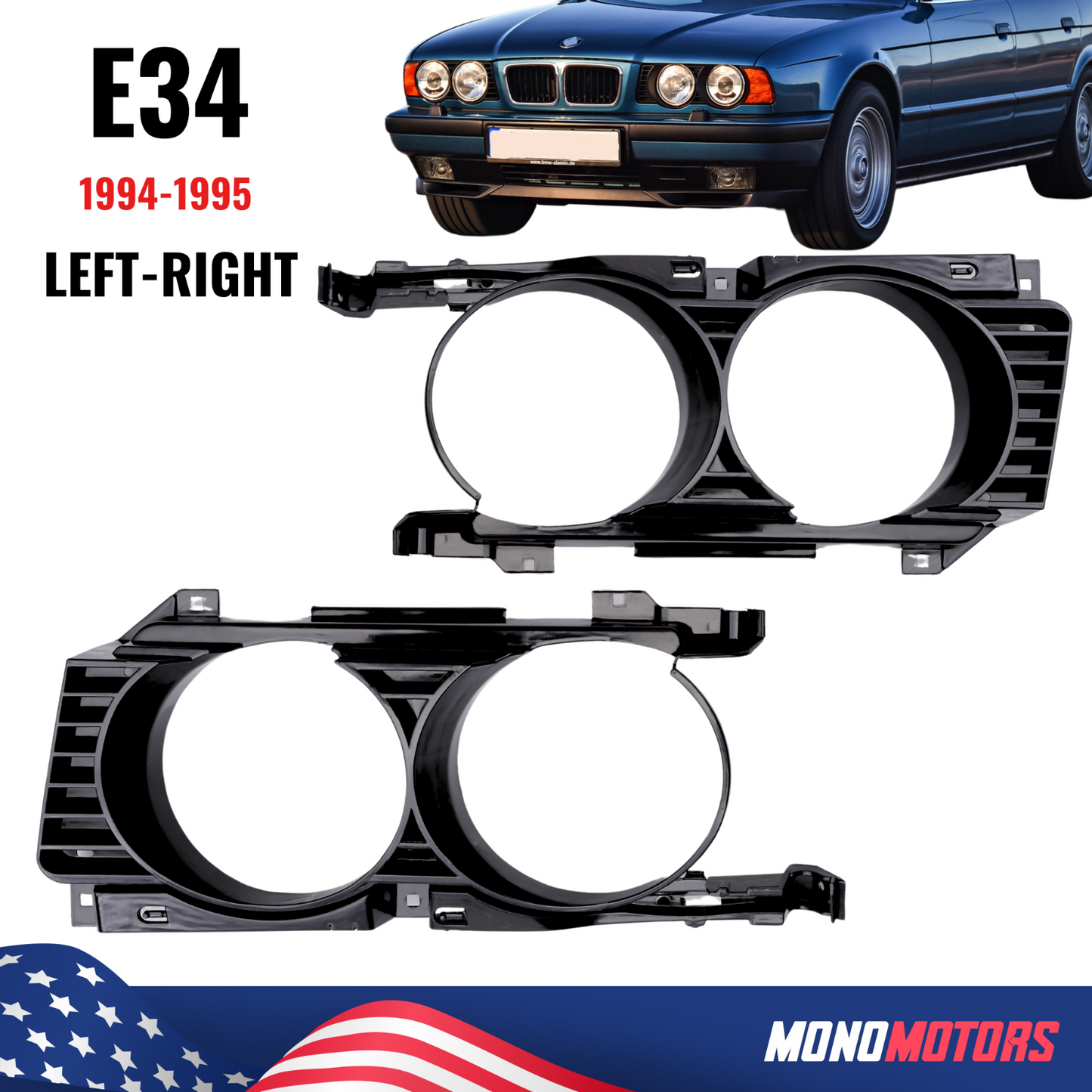 Pair Headlight Grille for BMW E34 530i 540i 1994 1995 Plastic Headlight Grilles