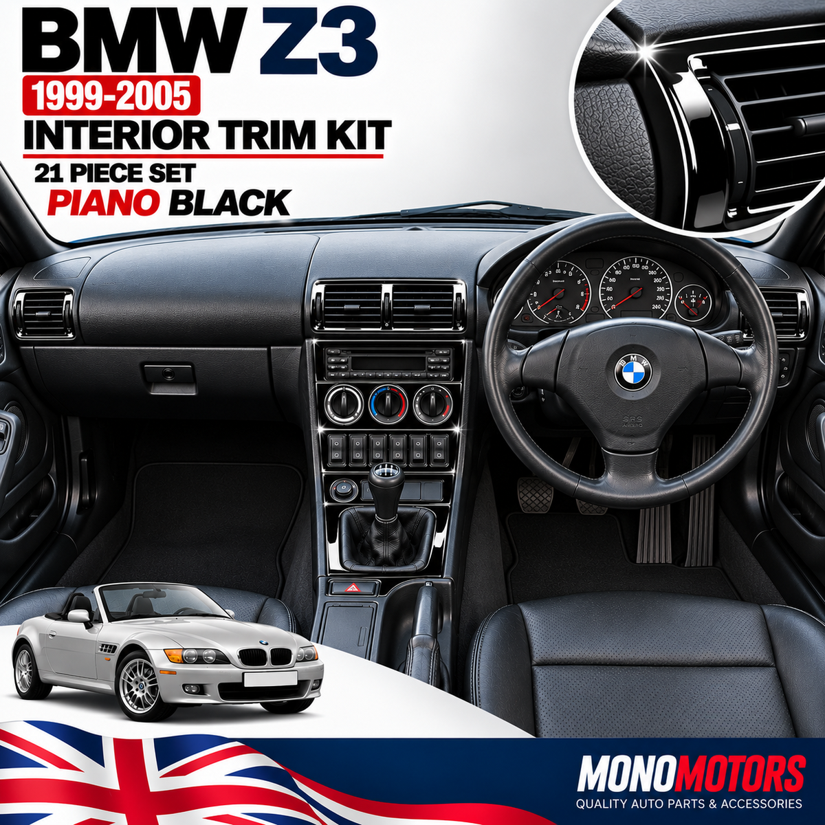 Interior Dash Trim Kit for BMW Z3 1999-2005 Piano Black 21 Pcs