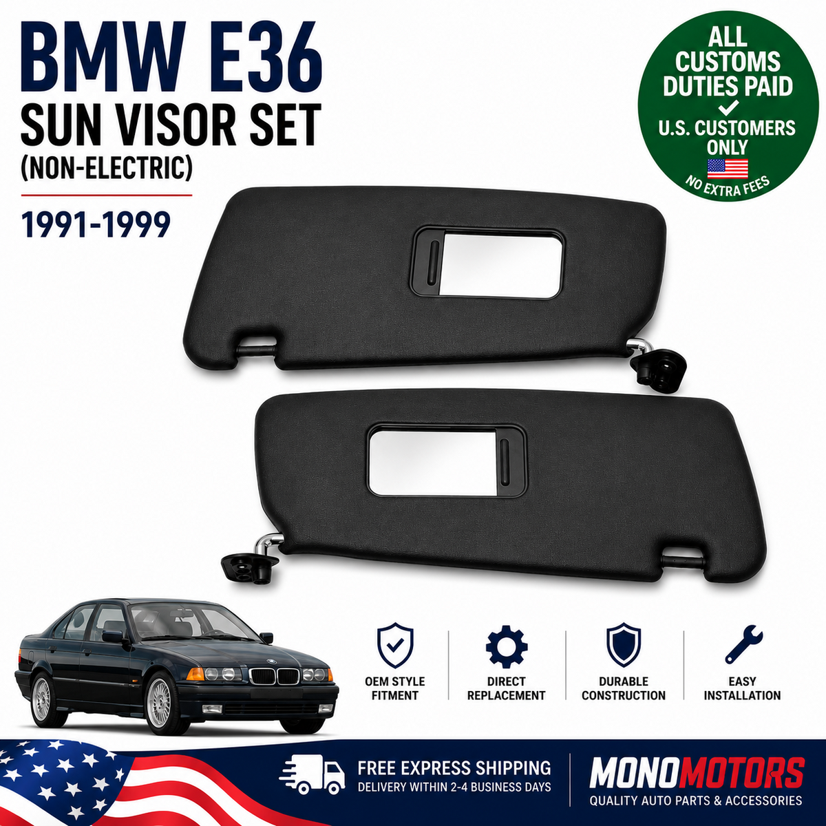 Sun Visor Set for BMW E36 1991-1999 Black Non Electric Left Right