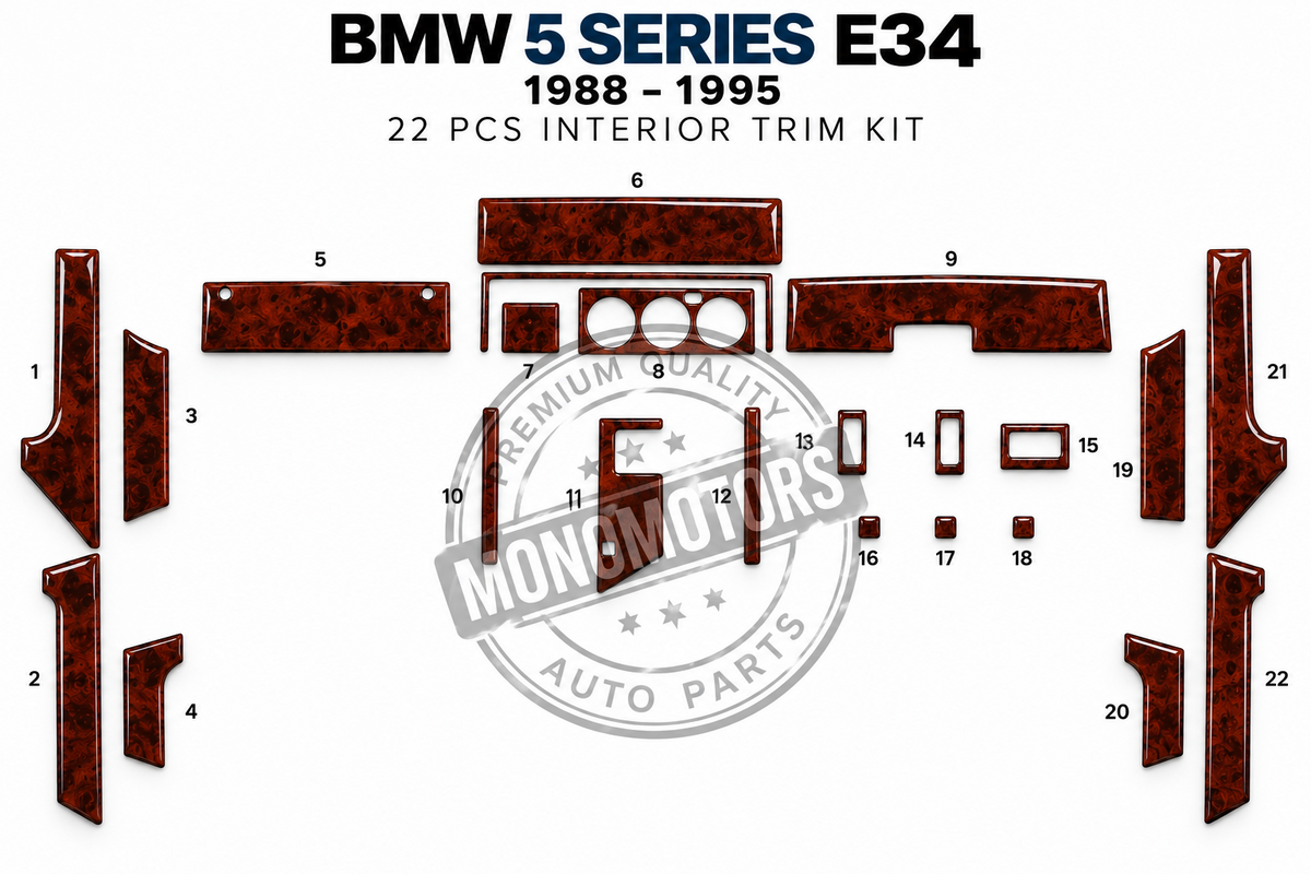 Mahogany Wood Look Dash Trim Kit for BMW 5 Series E34 1988-1995 22 Pcs