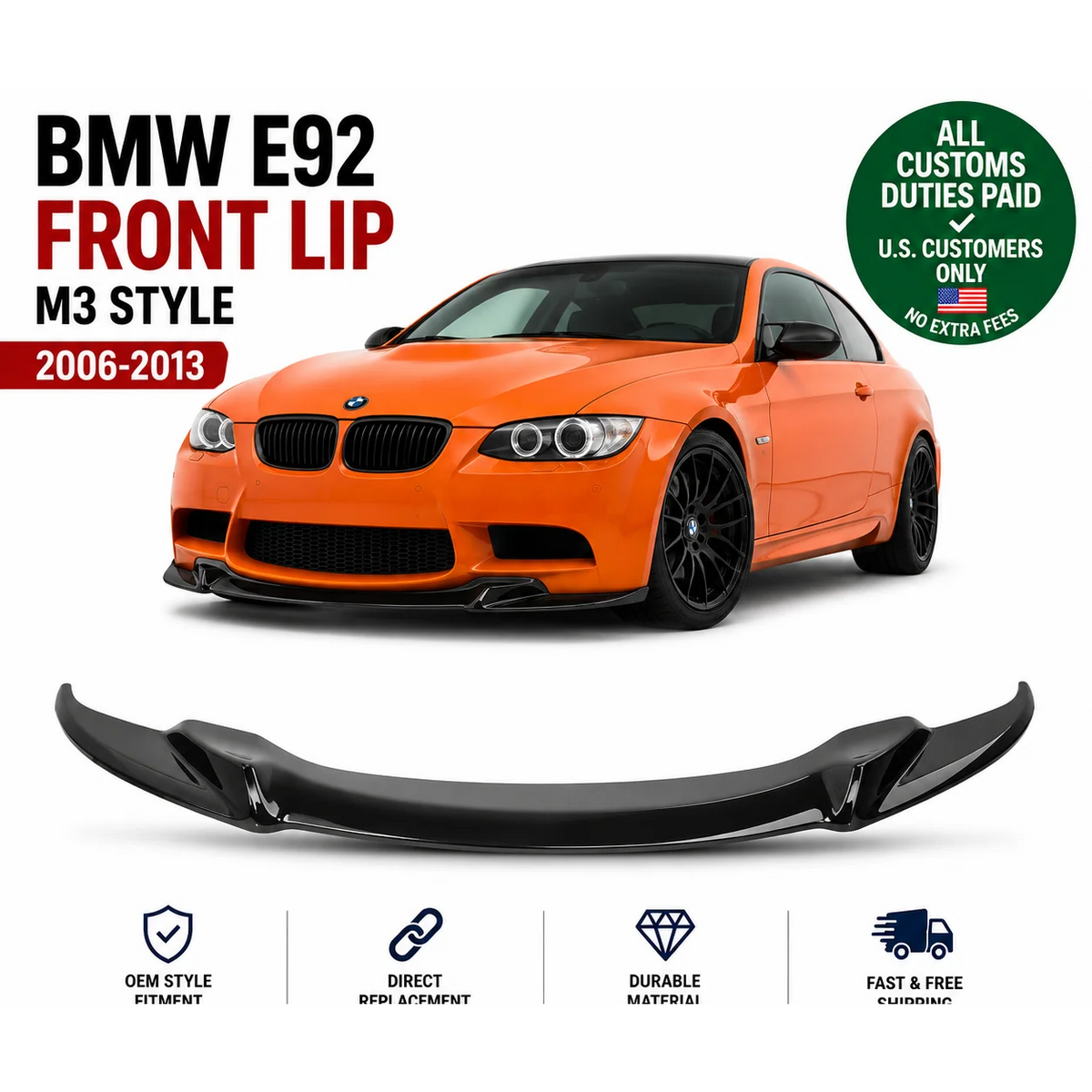 Front Bumper Lip Spoiler for BMW E92 M3 M Sport Bumper Gloss Black 2006-2013