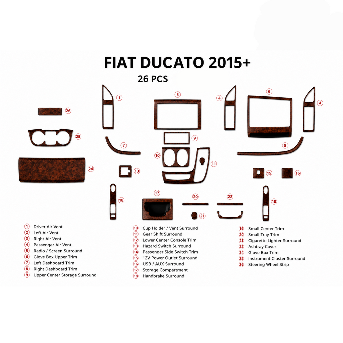 Wood Look Dash Trim Kit for Fiat Ducato 26pcs Self Adhesive 2014+ Lhd
