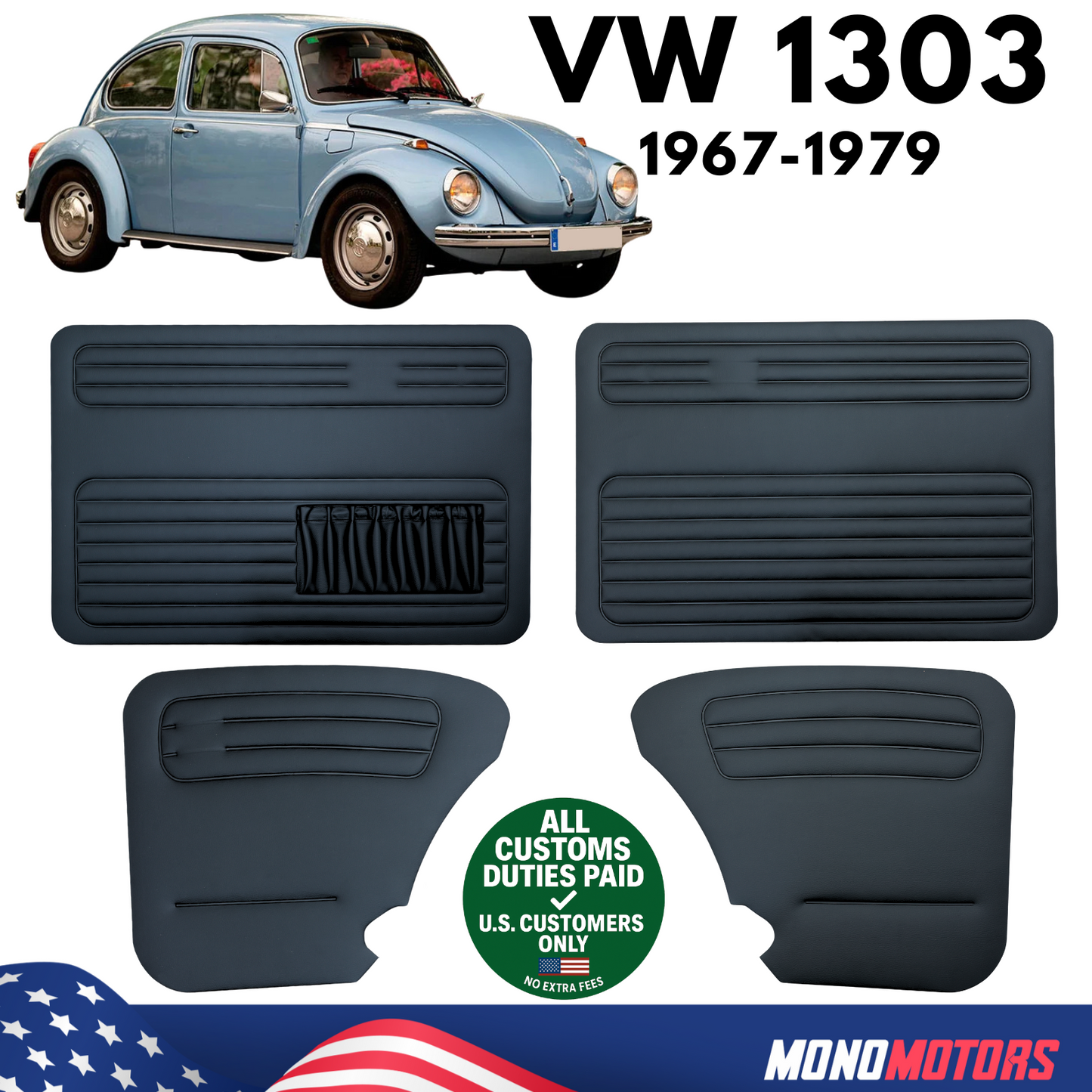 Door Panel Set for VW Beetle 1303 1967-79 Black Interior Trim 4pcs