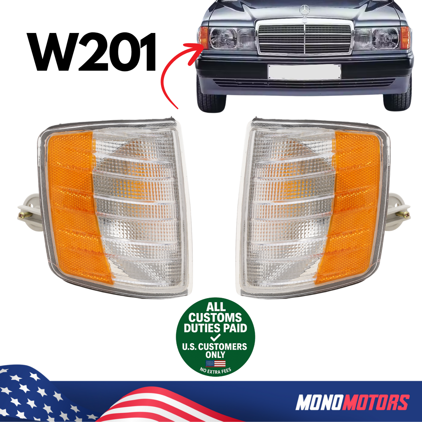Turn Signal Assembly USA Type Yellow Left Right for W201 1982–1993 OEM A2011206
