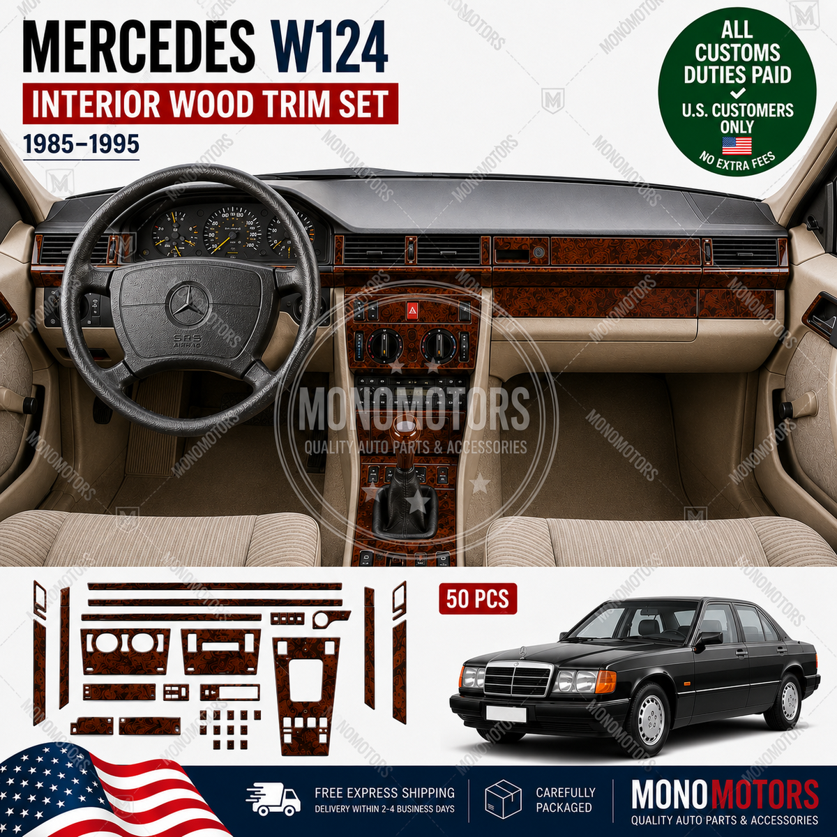 Wood Look Dash Trim Kit for Mercedes W124 Walnut Self Adhesive 1985-1995
