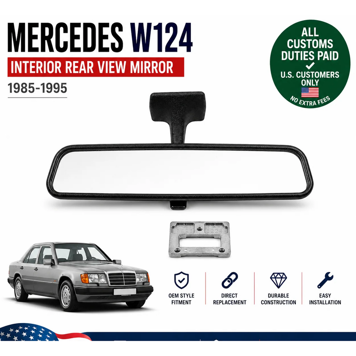 Interior Rear View Mirror for Mercedes Benz W124 1985-1995 with Mount Bracket