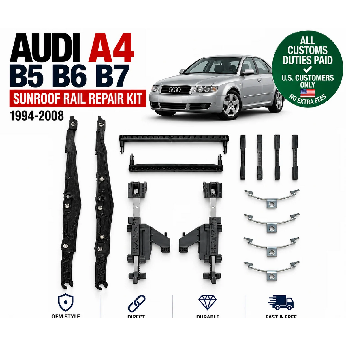 Sunroof Rail Repair Kit for Audi A4 B5 B6 B7 Slider Track Set 1994-2008
