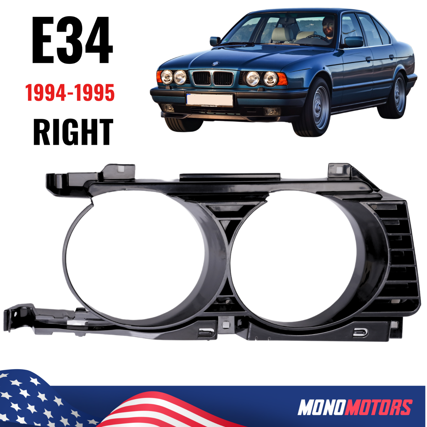 Right Headlight Grille for BMW E34 530i 540i 1994 1995 Plastic Headlight Grilles