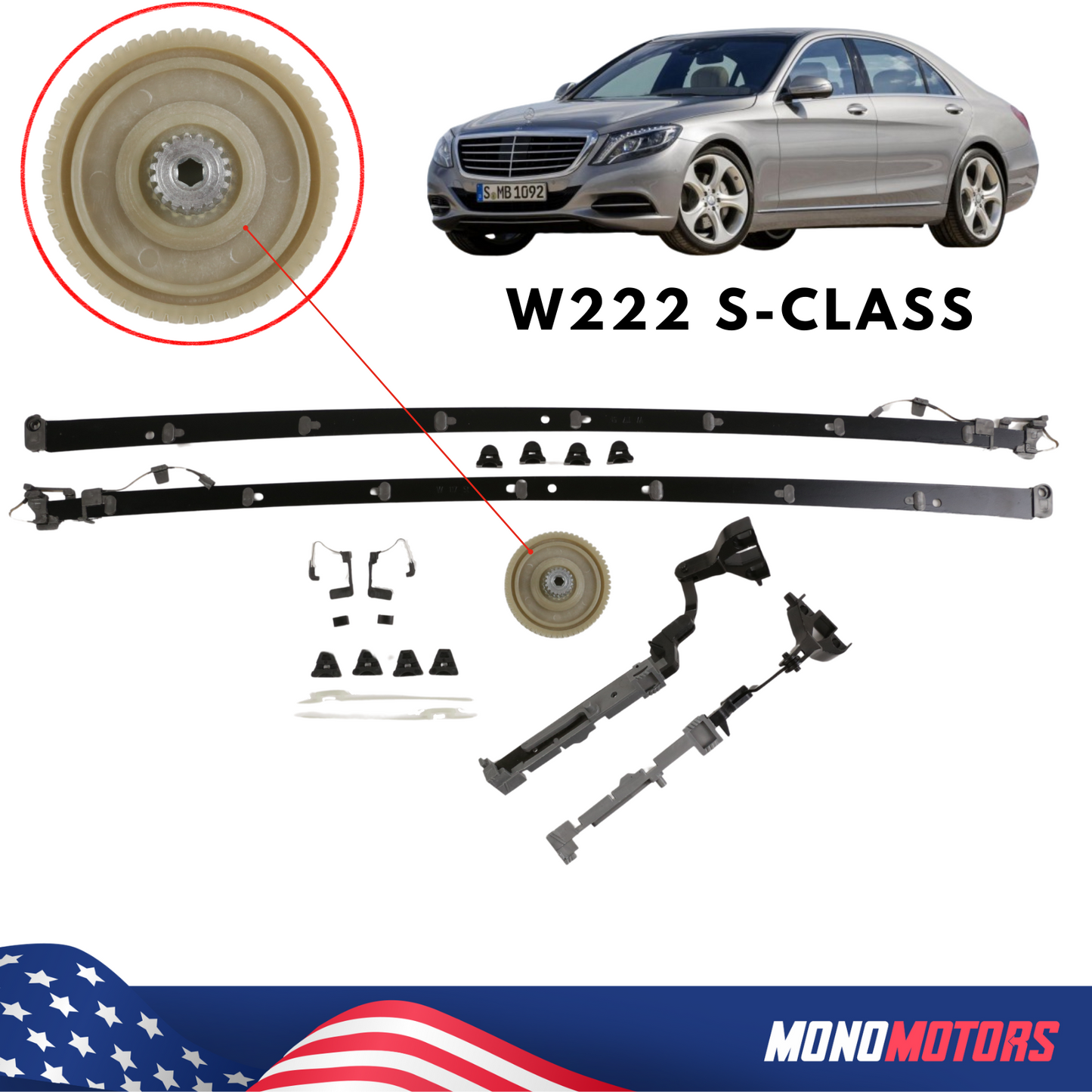 Sunroof Foot Repair Kit for Mercedes W222 S-CLASS Foot, Clips, Gear and Bracket