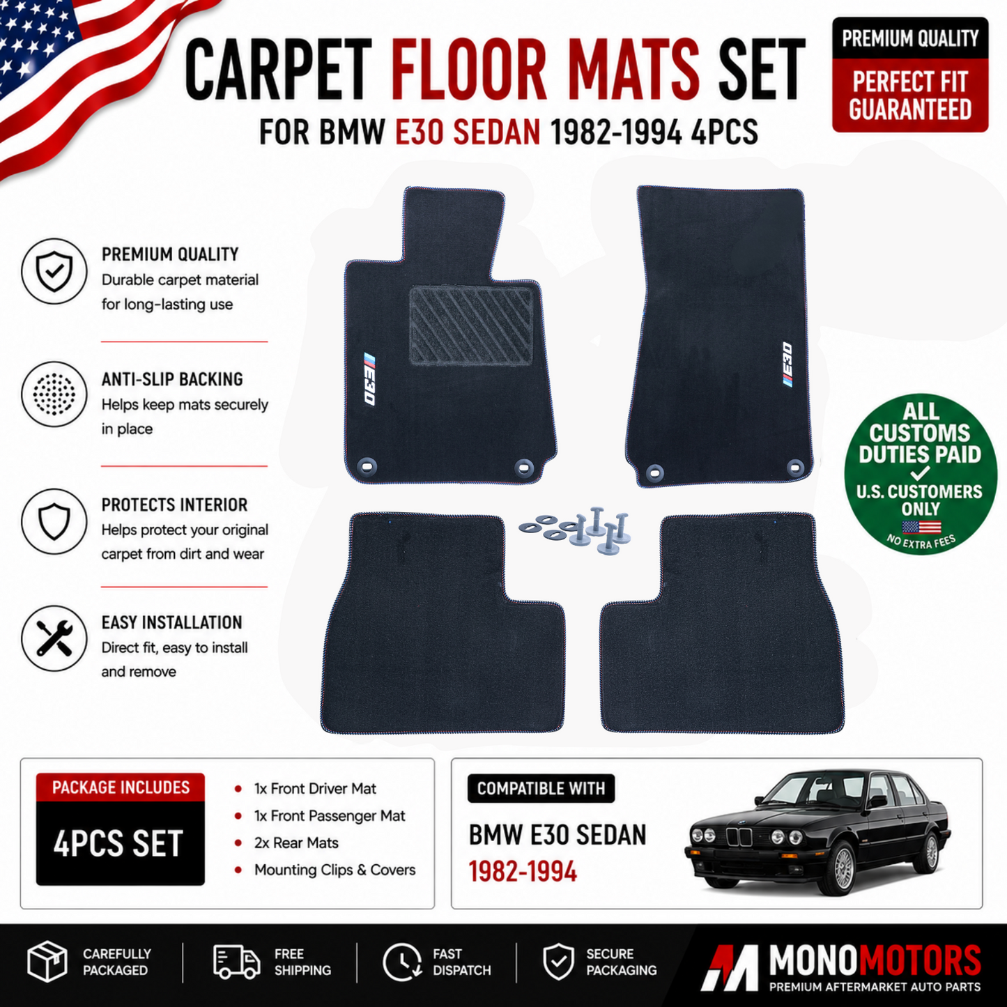 Carpet Floor Mats Set for BMW E30 Sedan 1982-1994 4pcs Black Floor Liner