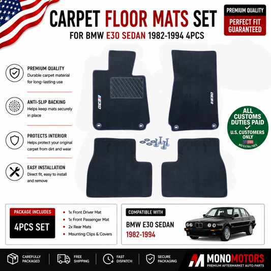 Carpet Floor Mats Set for BMW E30 Sedan 1982-1994 4pcs Black Floor Liner