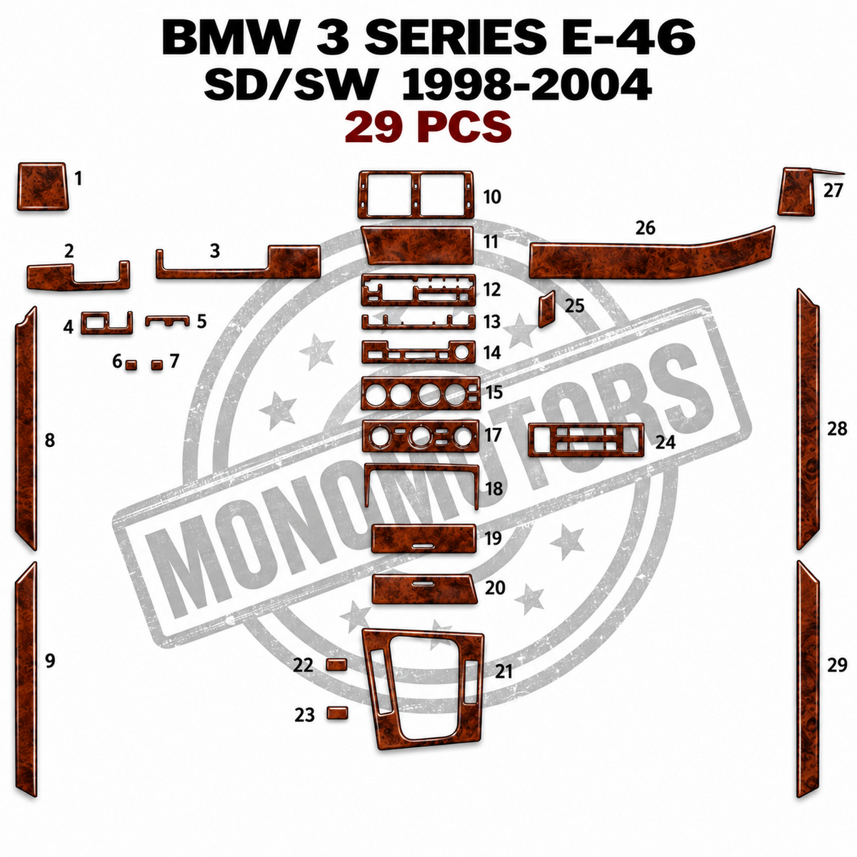 Mahogany Wood Look Dash Trim Kit for BMW E46 1998-2004 29 Pcs