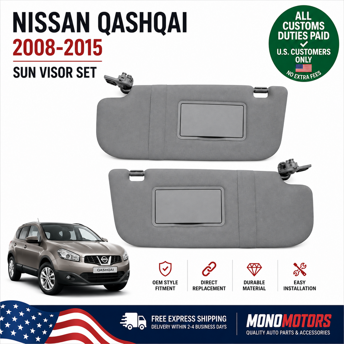 Sun Visor Set for Nissan Qashqai 2008-2015 Left Right Pair Grey