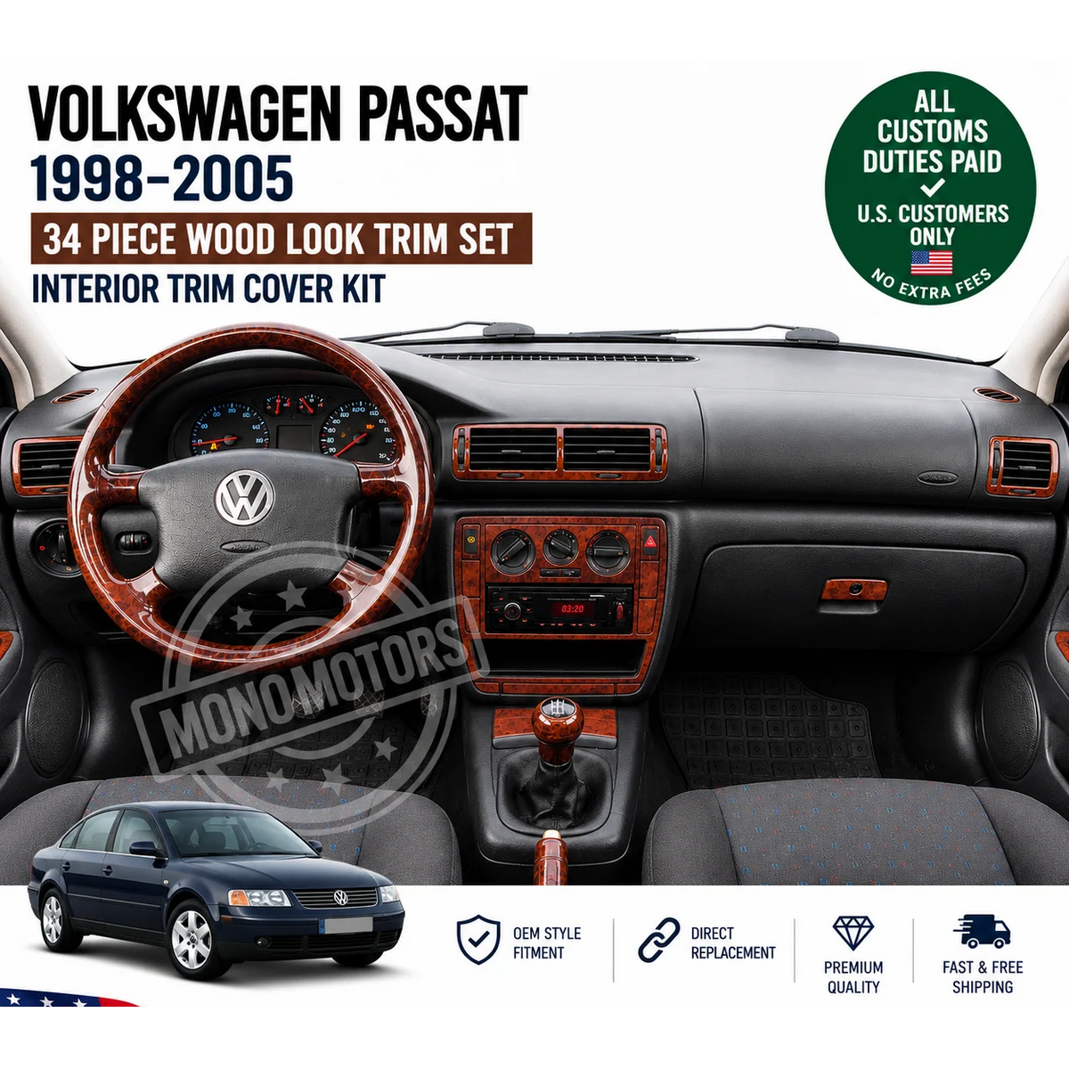 Wood Look Dash Trim Kit for Volkswagen Passat B5 34pcs 1998-2005