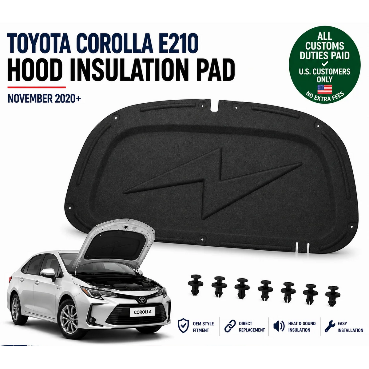 Hood Insulation Pad for Toyota Corolla E210 Sedan 2020+ Bonnet Liner