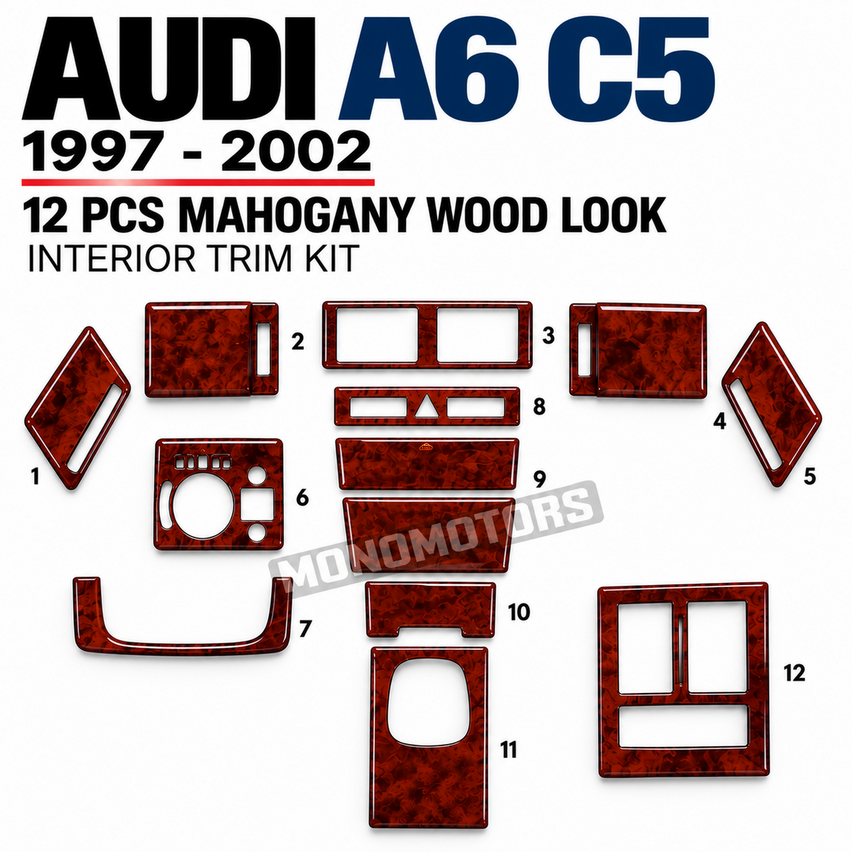 Mahogany Wood Look Dash Trim Kit for Audi A6 C5 1997-2002 12 Pcs