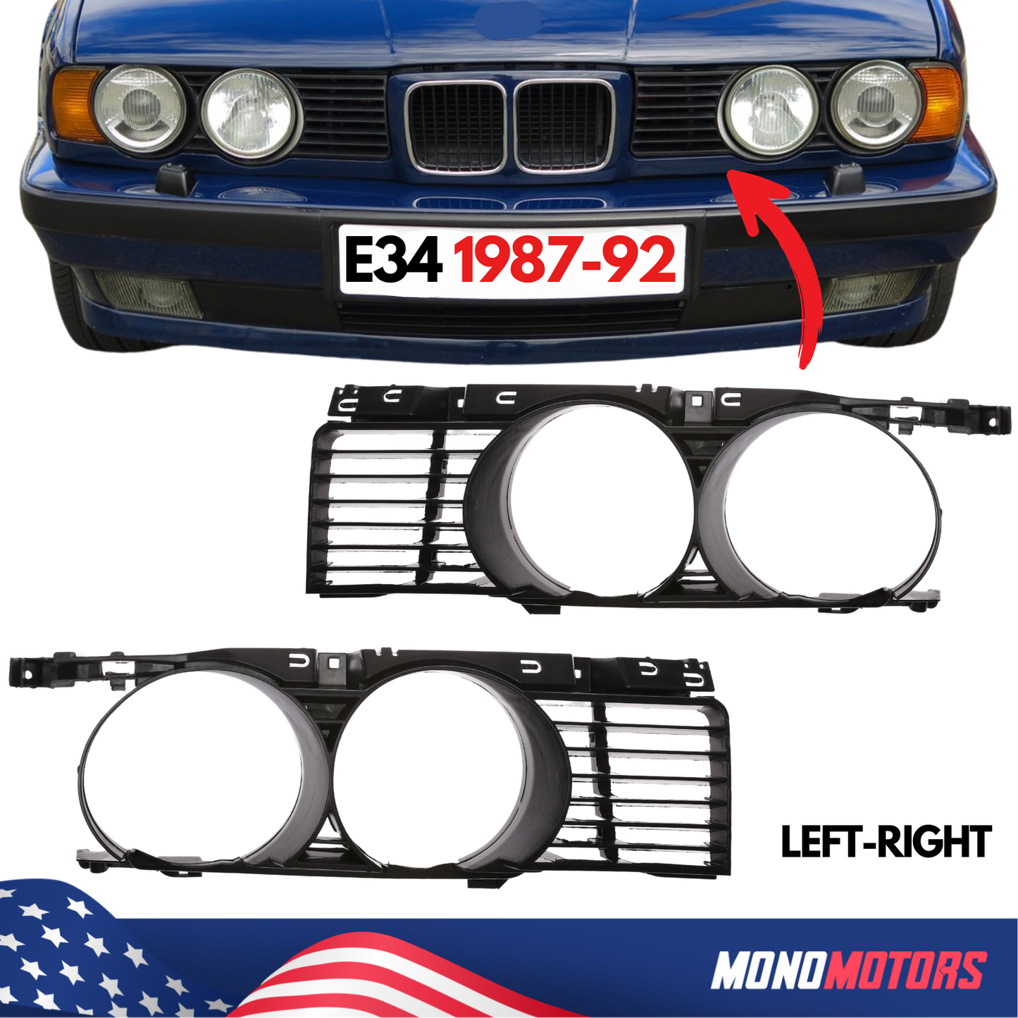 Headlight Grille for BMW E34 525i 530i 540i 1987-1992 Front Bumper Pair Grilles