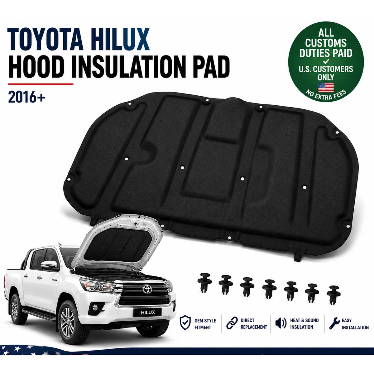 Hood Insulation Pad for Toyota Hilux 2016+ Bonnet Insulator Heat Shield