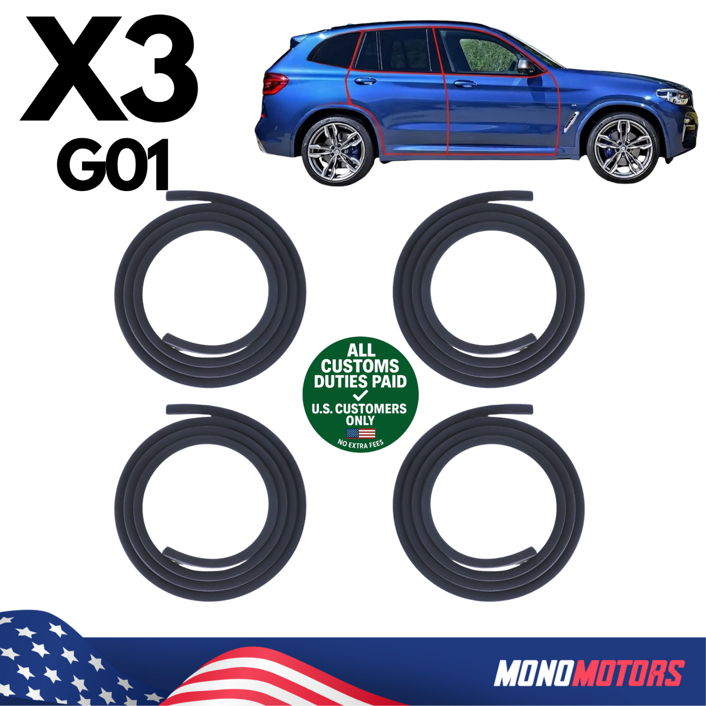 Velvet Door Seal Set Rubber 4pcs Right Left for BMW X3 G01 2017-2024