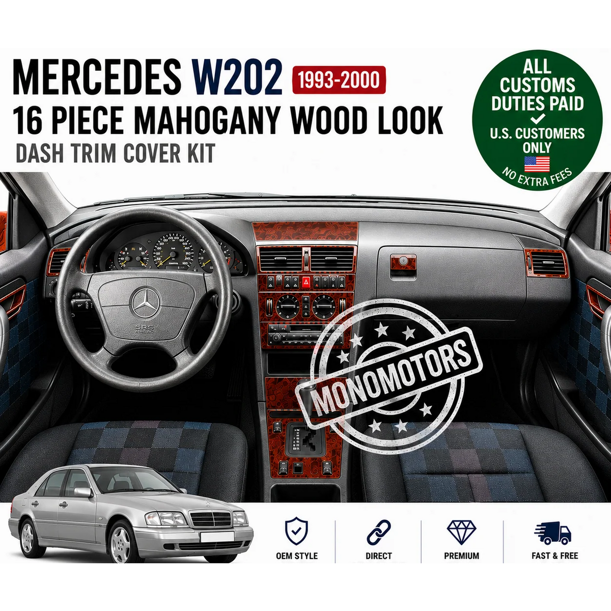 Mahogany Dash Trim Kit for Mercedes C Class W202 1993-2000 16 Pieces Wood Look