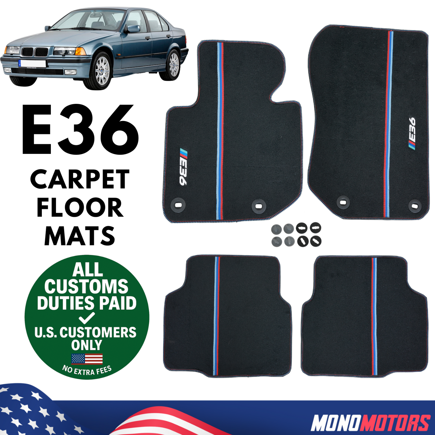 Carpet Floor Mats M Style for BMW E36 Sedan Non Slip 4pcs Set Clips