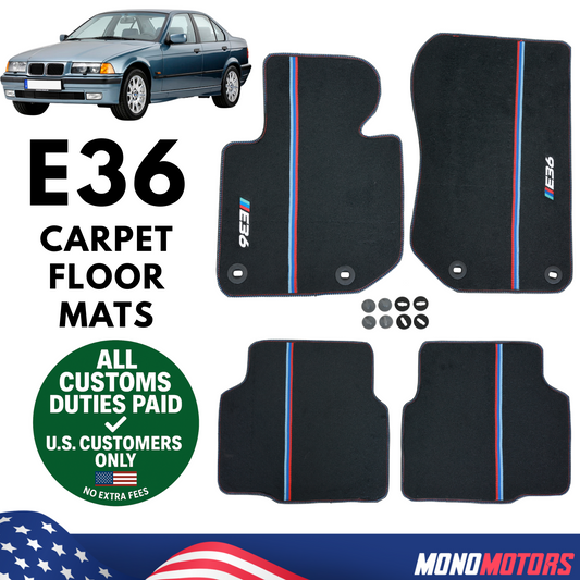 Carpet Floor Mats M Style for BMW E36 Sedan Non Slip 4pcs Set Clips