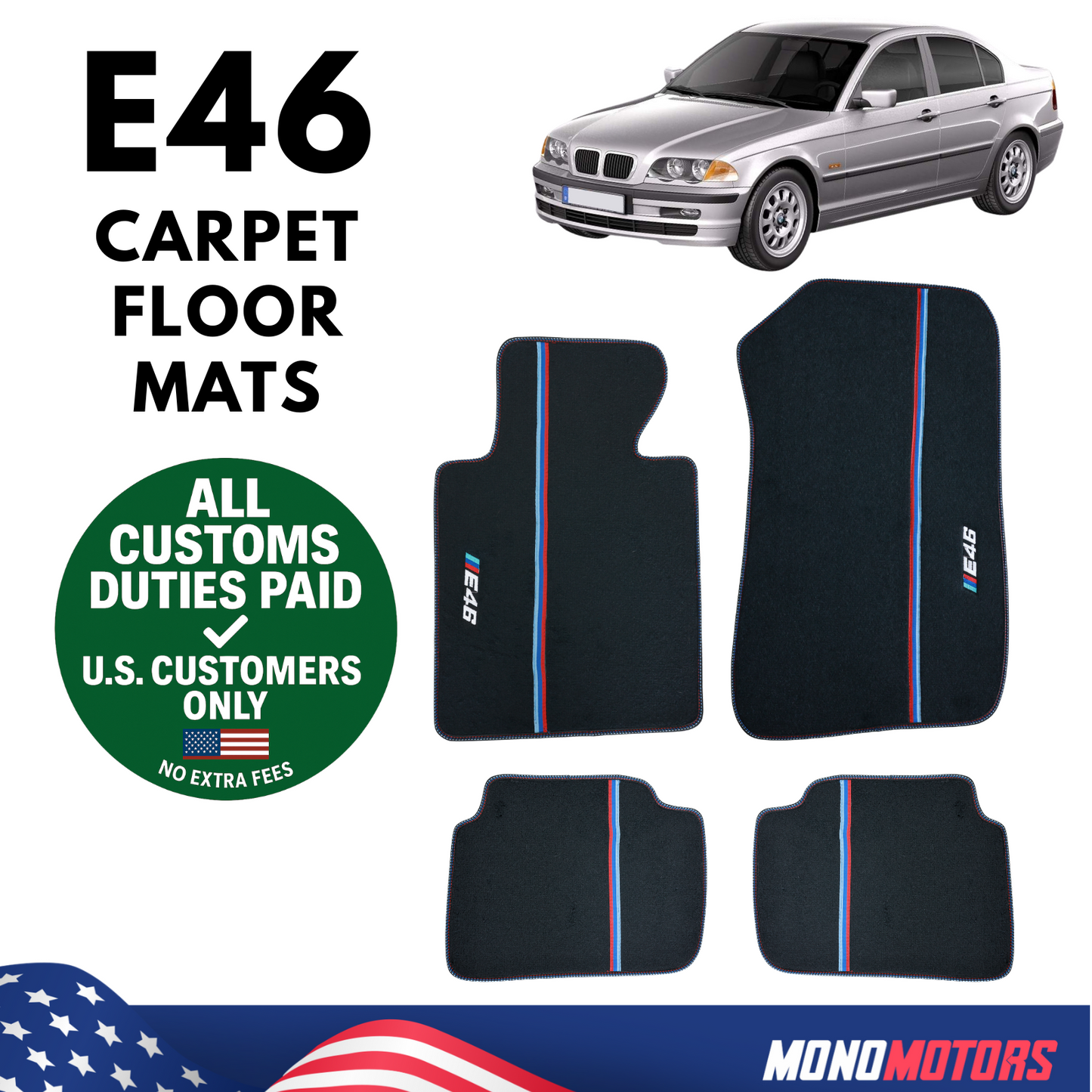 Carpet Floor Mats for BMW E46 M Sport Style Black 4pcs Set Auto Carpet