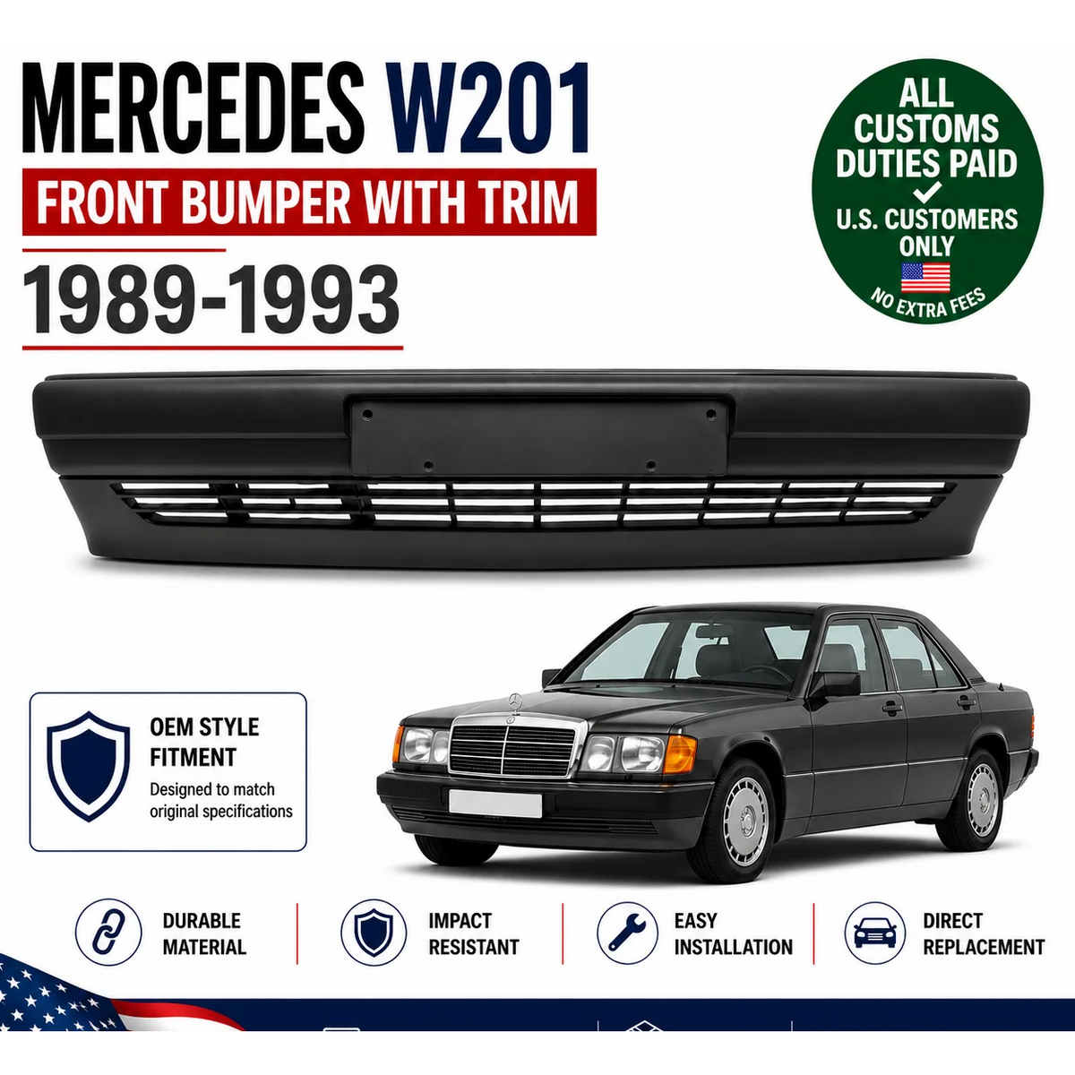 Front Bumper for Mercedes Benz 190e W201 with Impact Strip 1989-1993 A2018801670