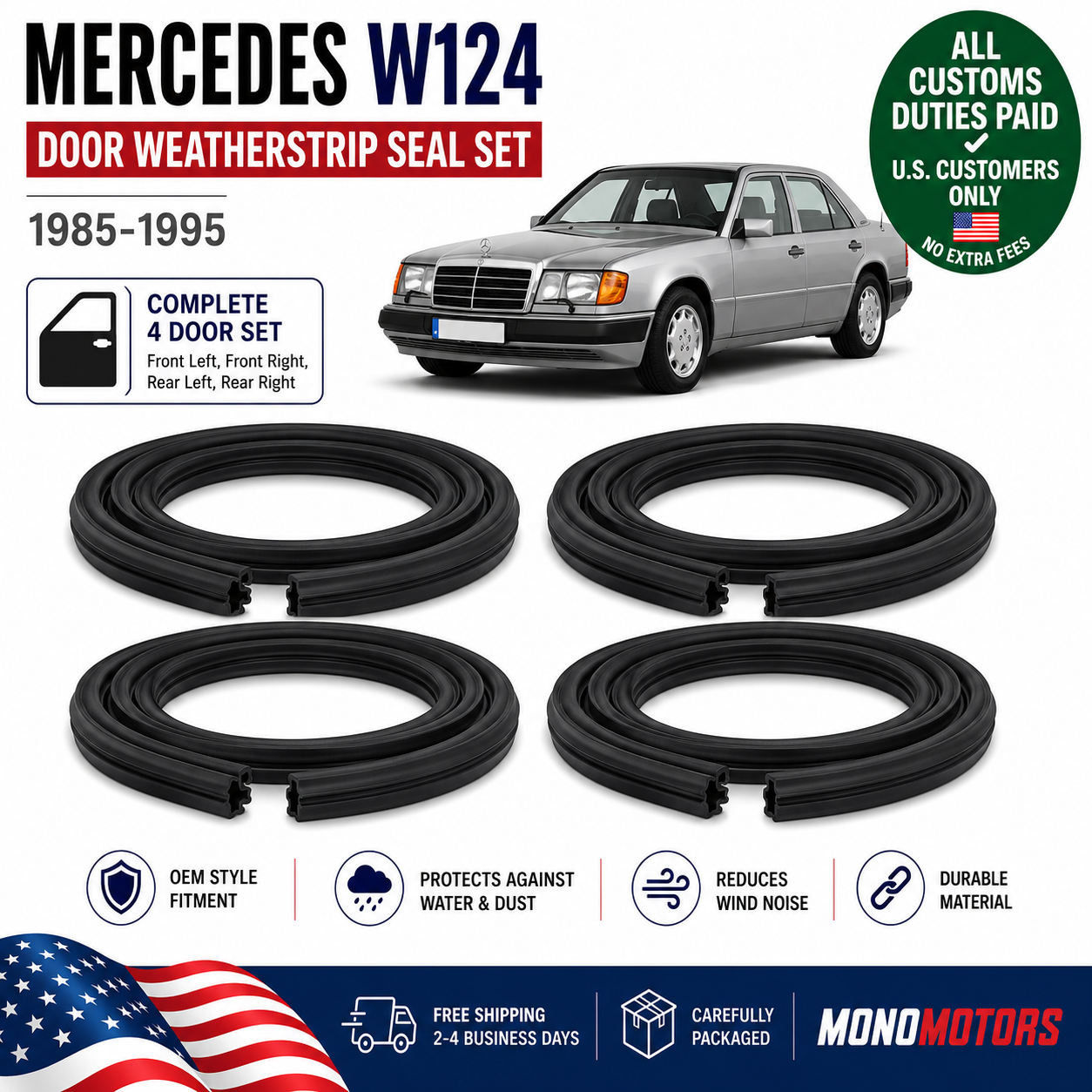 Door Weatherstrip Seal Set for Mercedes Benz W124 Sedan 1985-1995 4pcs