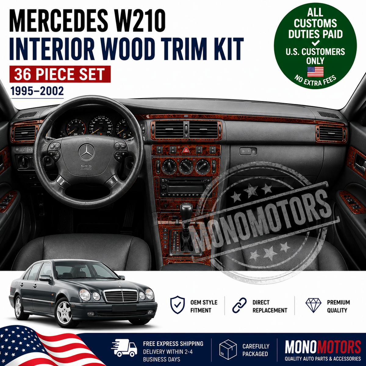 Wood Look Dash Trim Kit for Mercedes Benz W210 E Class 36pc 1995-2002