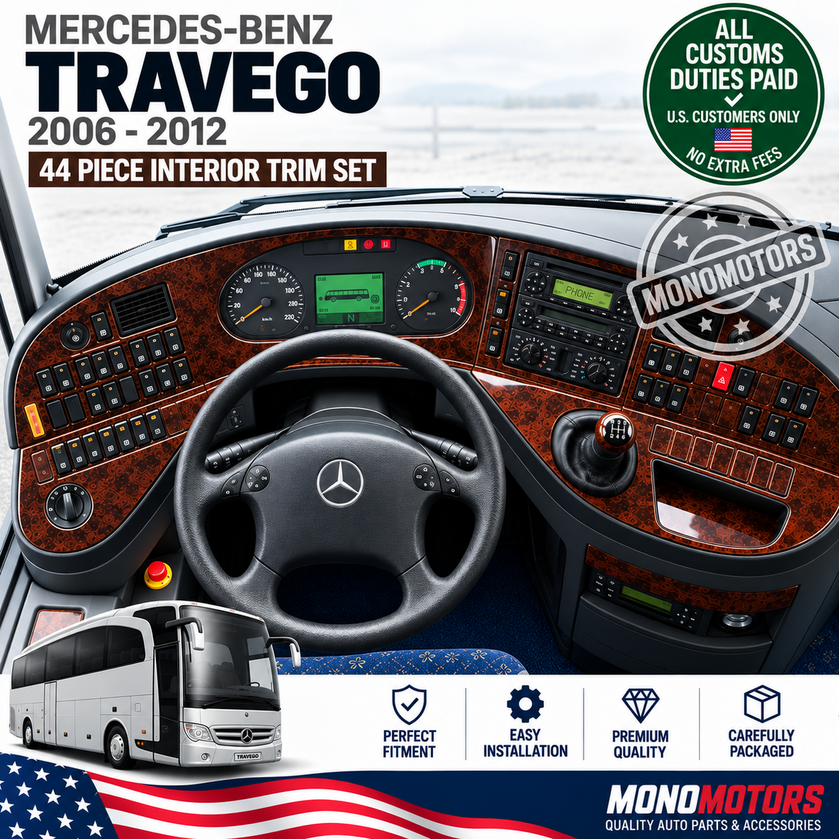 44pc Wood Look Dash Trim Set for Mercedes-benz Travego 2006-2012