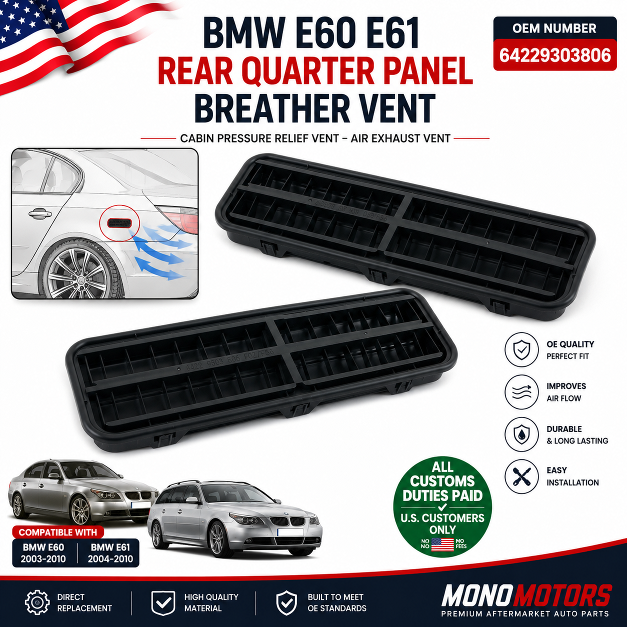 Rear Quarter Panel Breather Vent for BMW E60 E61 Air Exhaust OEM 64229303806
