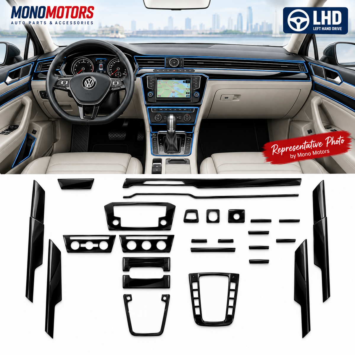 Interior Trim Kit for Volkswagen Passat B8 Dashboard Piano Black 35 Pcs 2014+