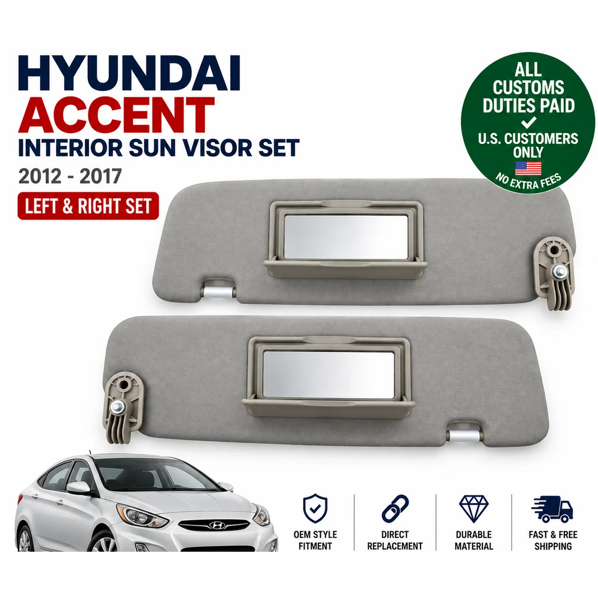 Interior Sun Visor Set for Hyundai Accent Rb 2012-2017 Left & Right W/mirror